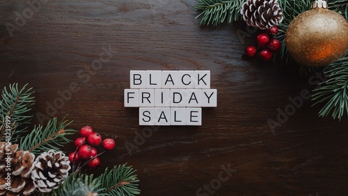 White tiles spelling out Black Friday Sale on a brown wooden surface with pine sprigs, red berries, and a golden bauble. photo