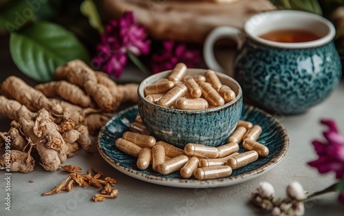 Astragalus Root Capsules: A vibrant arrangement of astragalus root capsules in a bottle, surrounded by dried astragalus root, herbal tea, and a wellness-themed setup. 