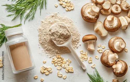 Beta Glucan Powder: A vibrant display of beta glucan powder in a scoop, next to a clear bottle, with oats, mushrooms, and a healthy breakfast bowl arranged around it. 