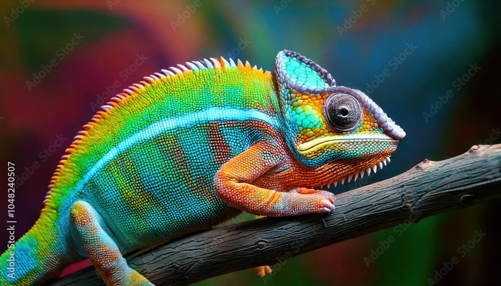 Fototapeta premium Vividly Colored Chameleon Changes Colors- An Extraordinary Demonstration of Nature's Flex