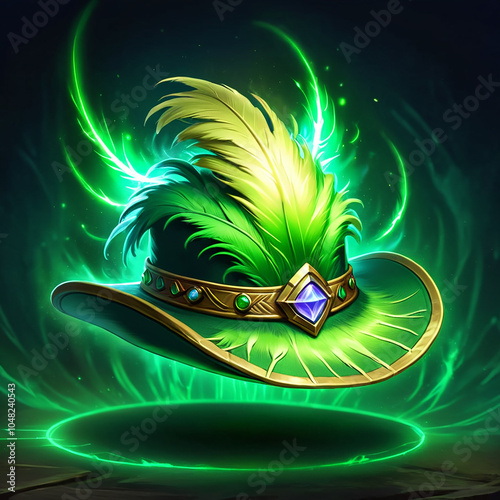 A green, widebrimmed hat with a large feather sits on a glowing green circle. The hat is adorned with a gold band and a large, purple gemstone. The background is dark with glowing green energy swirlin photo