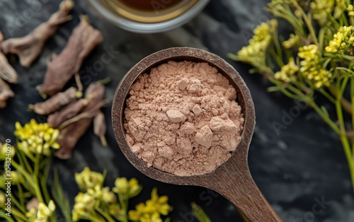 Close-up of Rhodiola Rosea Powder: A detailed view of rhodiola rosea powder in a scoop, surrounded by fresh rhodiola root, herbal tea, and a tranquil wellness setting.