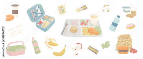 school cantine nutrition set, food tray, lunchbox, burger, fruits, drinks, snacks