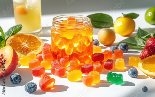 Collagen-Infused Gummies: A colorful display of collagen-infused gummies spilling from a jar, surrounded by fruits, a refreshing drink, and a cheerful wellness scene. 
