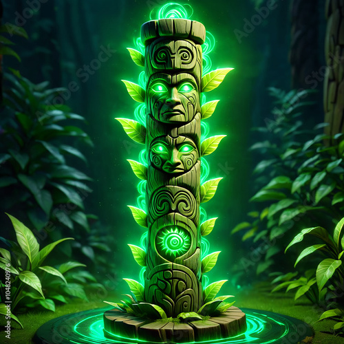 A tall wooden totem with carved faces and intricate designs stands in a lush jungle setting. It glows with an ethereal green light, surrounded by vibrant foliage. The totem rests on a circular platfor photo