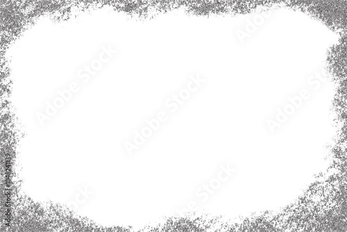 Grunge frame with grainy torn border on white background. Brushed rough textured fade. Old sandy noisy vector halftone template. Abstract stipple dust paper