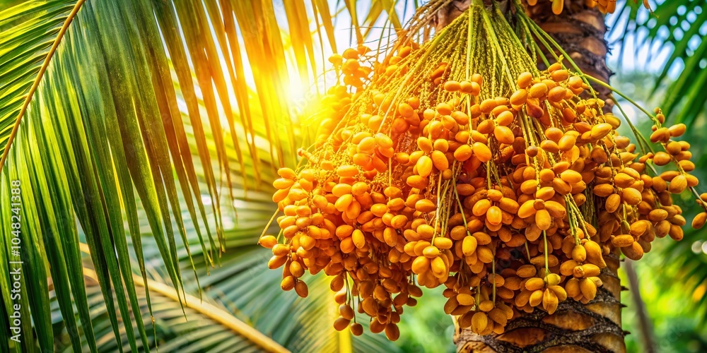 Macro Photography of Golden Dates on Palm Tree in Sunlit Foliage Macro Photography of Golden Dates on Palm Tree in Sunlit Foliage