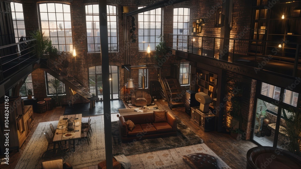 Industrial Loft Interior with Exposed Brick Walls, Large Windows, and Rustic Furniture Industrial Loft Interior with Exposed Brick Walls, Large Windows, and Rustic Furniture