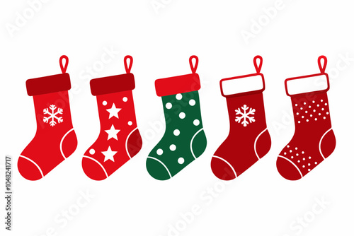 Set of christmas sock. Christmas stockings red green colors. Hanging holiday decorations for gifts. Vector illustration.