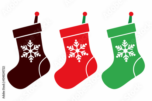 Set of christmas sock. Christmas stockings red green colors. Hanging holiday decorations for gifts. Vector illustration.