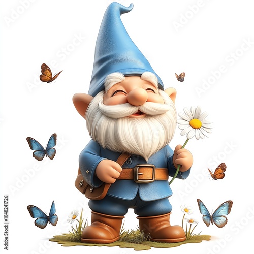 Cheerful gnome with butterfly and flower photo