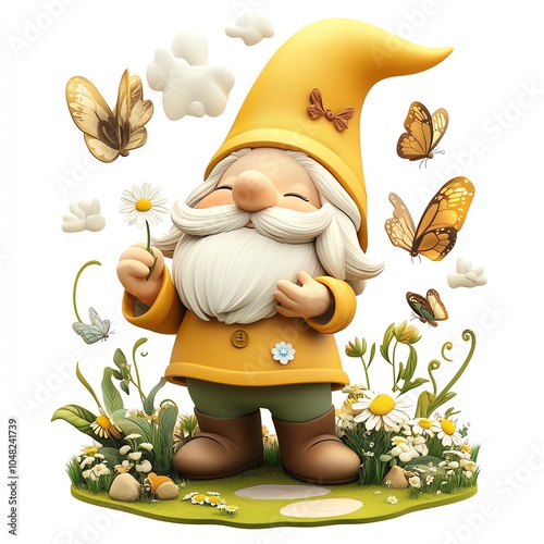 Cheerful gnome with flowers and butterflies photo