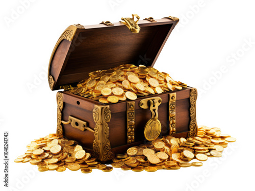 Treasure chest with gold coins on transparent background