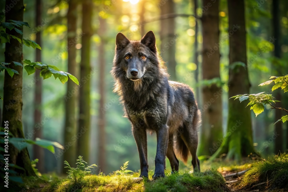 Obraz premium Majestic Black Wolf in Enchanted Forest - Captivating Wildlife Scene for Nature Lovers and Stock Photo Enthusiasts