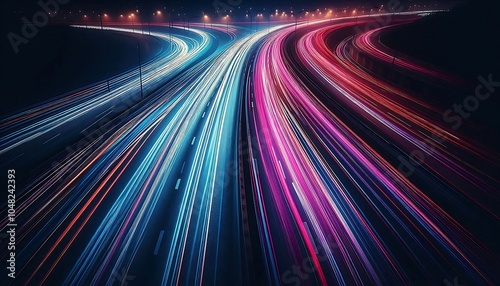 Dynamic Light Trails on a Busy Urban Highway at Night. generator AI