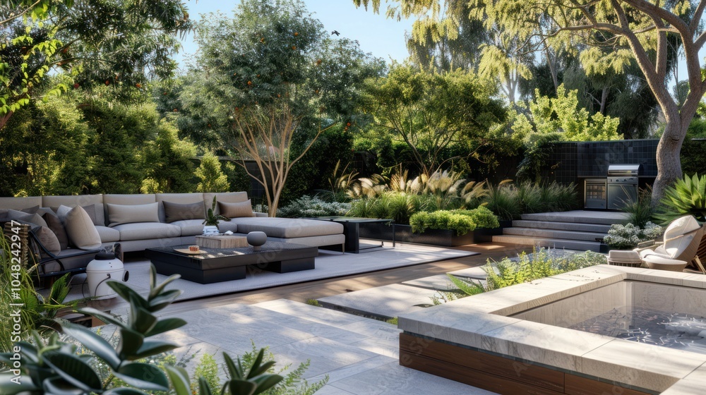 Fototapeta premium Modern Patio with Sectional Sofa, Hot Tub, and Lush Greenery