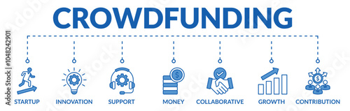 Banner of crowdfunding web vector illustration concept with icons of startup, innovation, support, money, collaborative, growth, contribution
