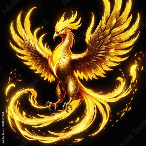 A golden phoenix with spread wings and a fiery tail, a symbol of rebirth and immortality, stands against a black background.