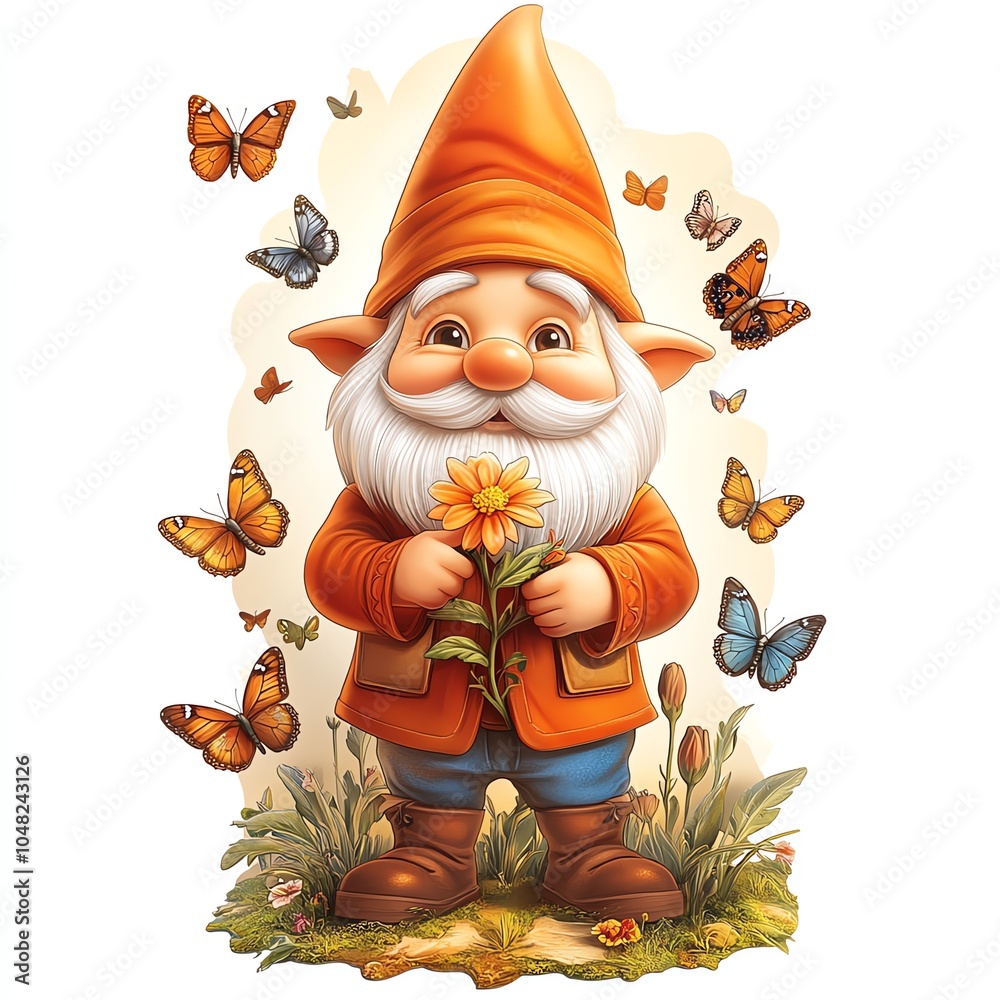 Whimsical garden gnome with butterflies, white background