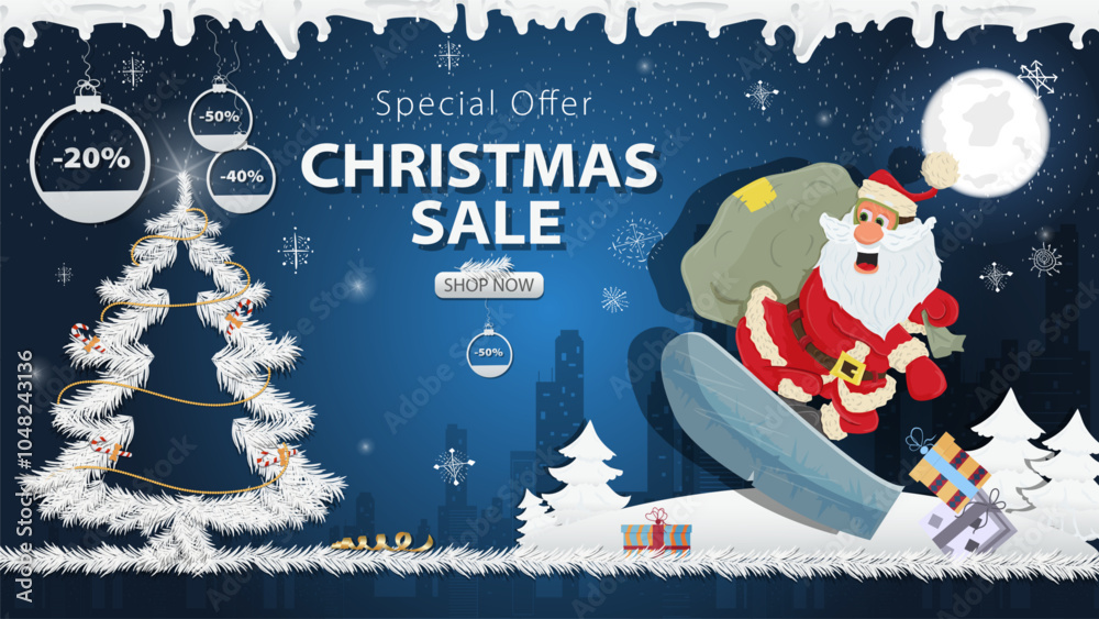 Naklejka premium Banner special offer Christmas sale Santa Claus with a bag of gifts next to a festive fir tree in the snow