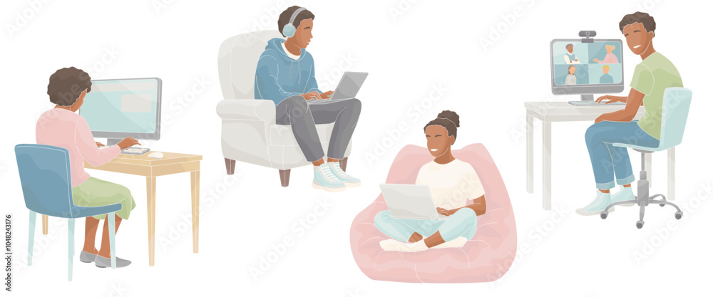 African American School-age boys and girls sitting at a computer and laptop at home African American School-age boys and girls sitting at a computer and laptop at home