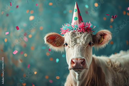 Cheerful cow wearing a festive party hat and colorful decorations, celebrating a joyful occasion with confetti in the background, perfect for fun themes. photo