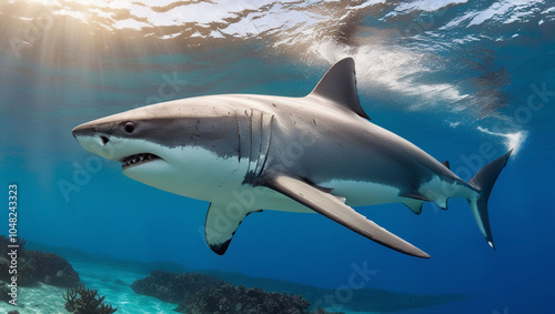 Great white shark underwater.