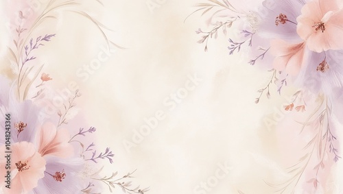 Soft floral watercolor background with pastel flowers and copy space