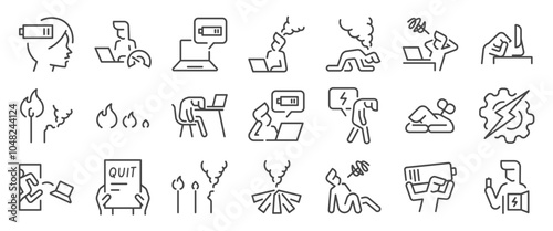 Burn out icon set. It included contexts such as stress, fatigue, exhaustion, mental health, wellness, work-life balance, and more. Editable Vector Stroke.