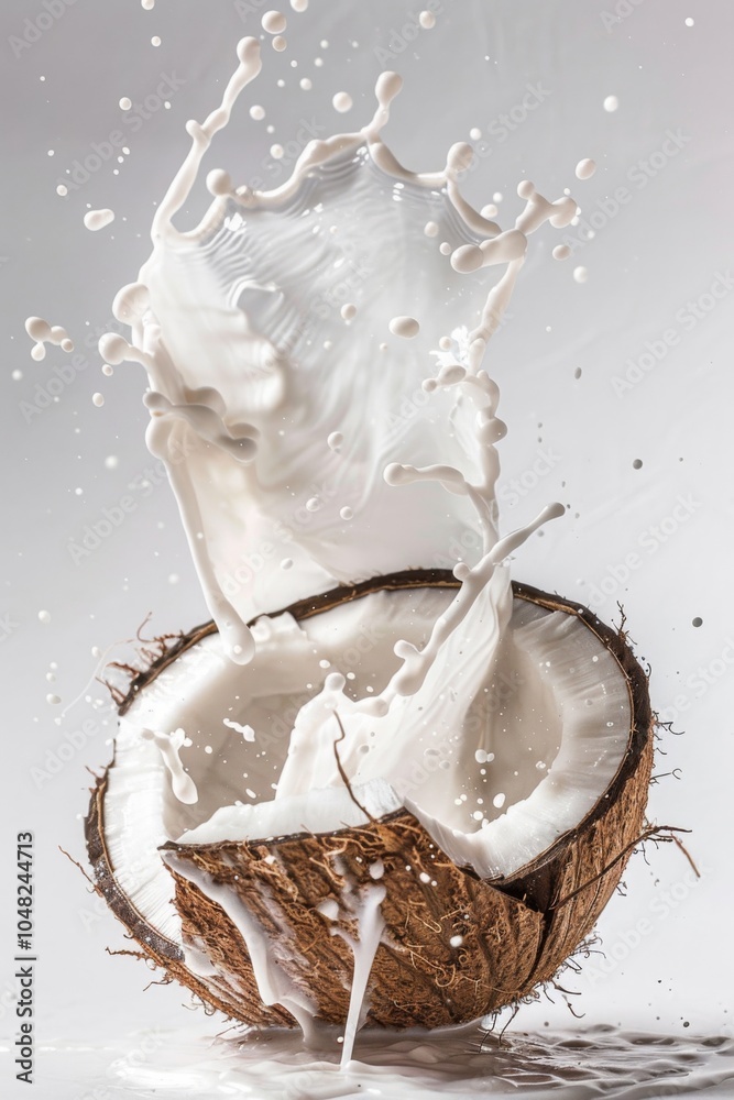 Dynamic Splash of Coconut Milk: Fresh Coconut Half with Creamy Liquid Explosion, Capturing Tropical Vibes and Culinary Delight in High-Quality Imagery. Dynamic Splash of Coconut Milk: Fresh Coconut Half with Creamy Liquid Explosion, Capturing Tropical Vibes and Culinary Delight in High-Quality Imagery.