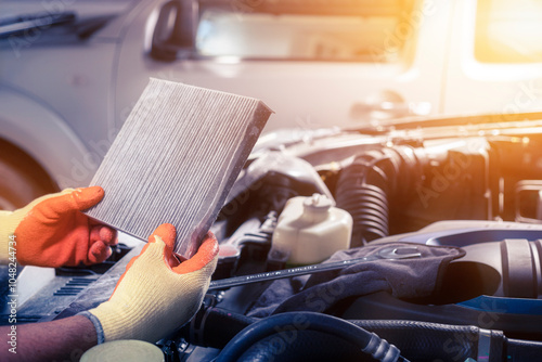 Car air conditioner system maintenance, Hand mechanic holding car air filter to check for clean dirty or fix repair heat have a problem or replace new or change filter.