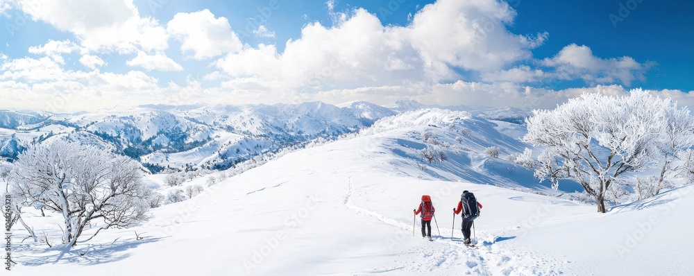 Hikers trekking through snowy mountains under a blue sky. Hikers trekking through snowy mountains under a blue sky.