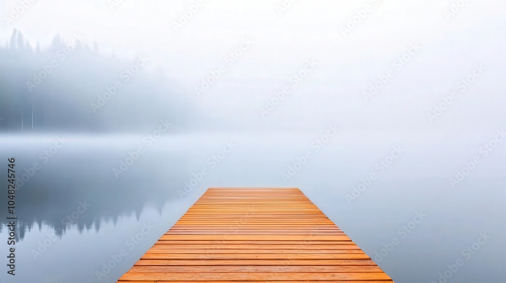 Fototapeta premium Misty morning by a calm lake with a lone wooden pier, surrounded by dense fog, foggy lake, solitude in nature