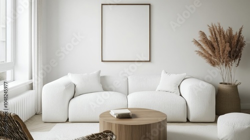 Interior design of modern living room with white boucle modular sofa, round coffee table, cube, mock-up poster frame, furniture, and elegant decoration. Home decor template