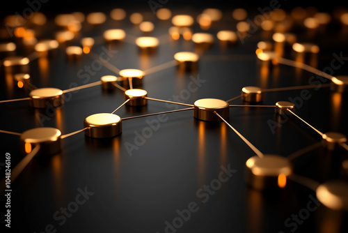 3d Social networking gold black chrome nodes background, interconnected by golden lines to form a grid structure, indicating interconnections and relationships in the social community or business