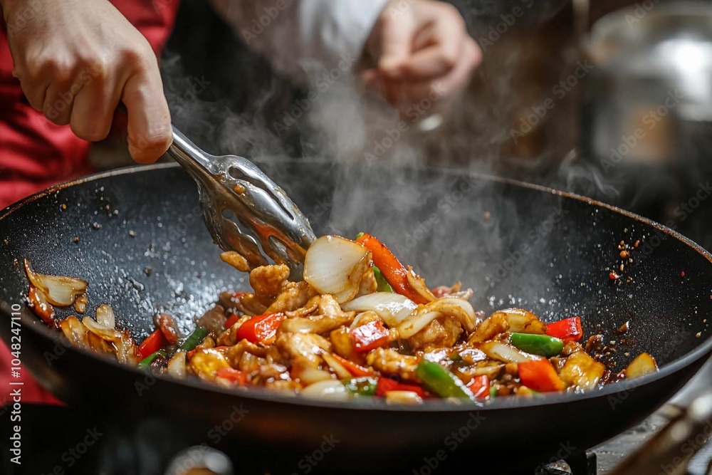 Chef stir-fries colorful veggies and tender chicken in a wok, crafting a culinary masterpiece in an Asian kitchen Chef stir-fries colorful veggies and tender chicken in a wok, crafting a culinary masterpiece in an Asian kitchen