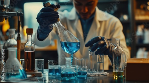 A scientist in a lab coat and gloves pours a blue liquid from a flask into a beaker.