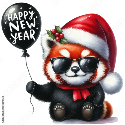 Red panda wearing a Santa hat and sunglasses standing holding a balloon Clipart Watercolor 