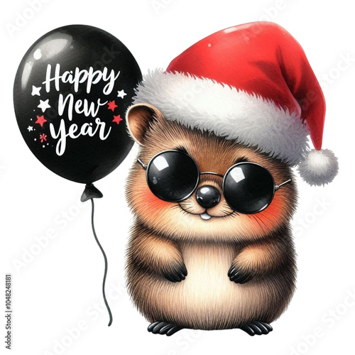 hamster wearing a Santa hat and sunglasses is standing holding a balloon. Clipart Watercolor 