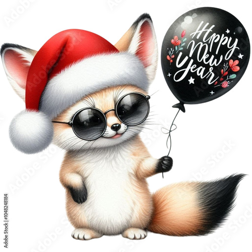 A fox wearing a Santa hat and sunglasses stands holding a balloon. Clipart Watercolor 