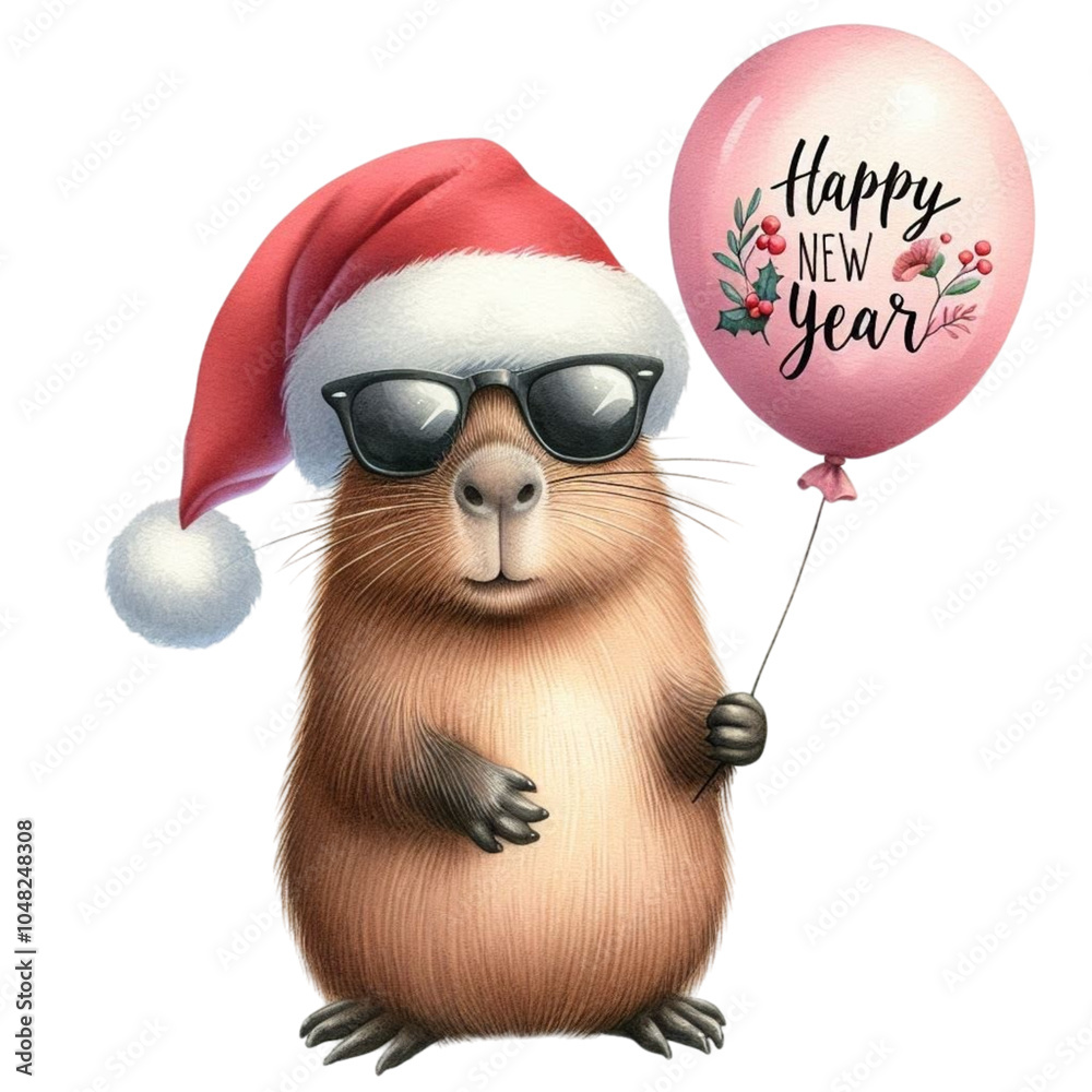 Obraz premium Capybara wearing a Santa hat and sunglasses holding a balloon Happy New Year Clipart Watercolor 