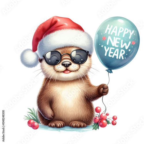 An otter wearing a Santa hat and sunglasses stands holding a balloon Clipart Watercolor 