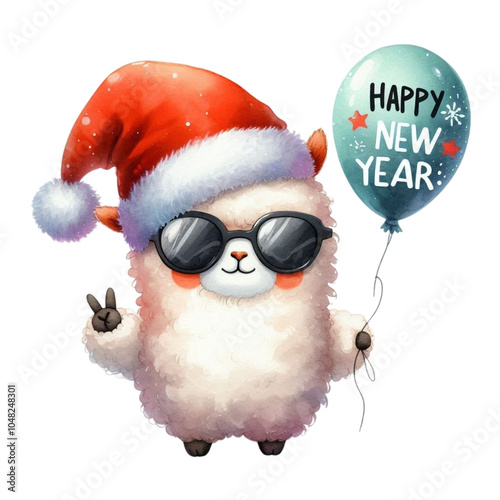 A goat wearing a Santa hat and sunglasses stands holding a balloon Happy New Year  Clipart Watercolor 
