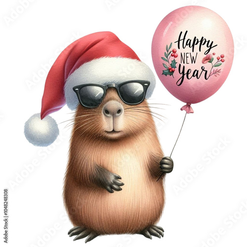 Capybara wearing a Santa hat and sunglasses holding a balloon Happy New Year  Clipart Watercolor 