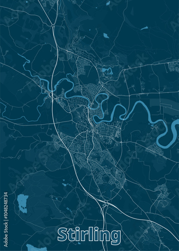 Map of Stirling, a city in Scotland. The map is rendered in a minimalist style, using a dark blue background with white lines representing roads and waterways.