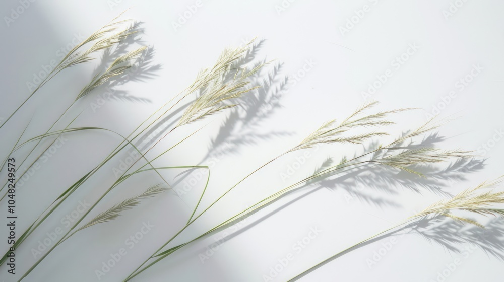 Fototapeta premium Dried Grass Blades and Shadows on a White Background