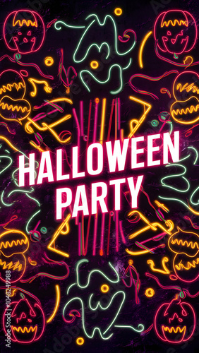 Neon halloween pattern with neon halloween party sign 