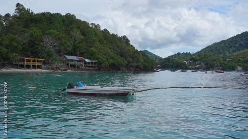 Tour boat for tourist and divers. Landscape of Weh island and Rubiah island. Beautiful landcape of Sabang Island in Sumatera Indonesia.