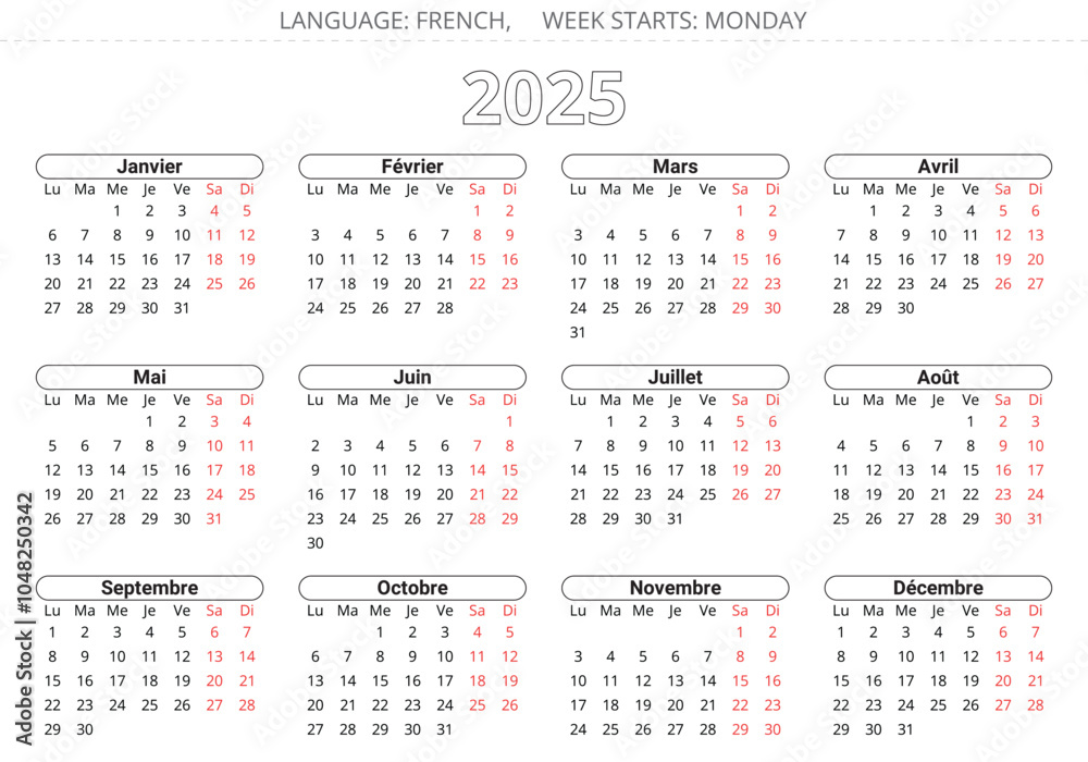 2025 french calendar. Printable, editable simple vector illustration for France - calendrier. 12 months calendrier