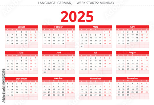 2025 year german calendar. Vector illustration for Germany. Design template red colors